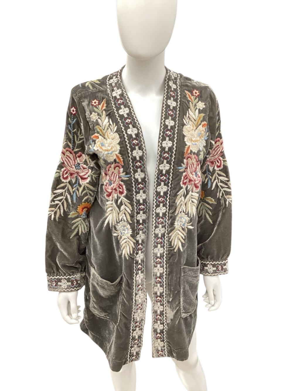 Kyla Seo Cardigan/ Cover Up Women’s SZ S Handmade Velvet Embroidered Gray&Colors